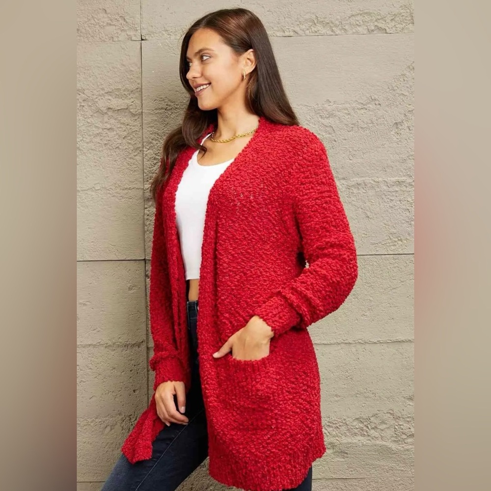 ZENANA LONG SLEEVE POPCORN SWEATER CARDIGAN